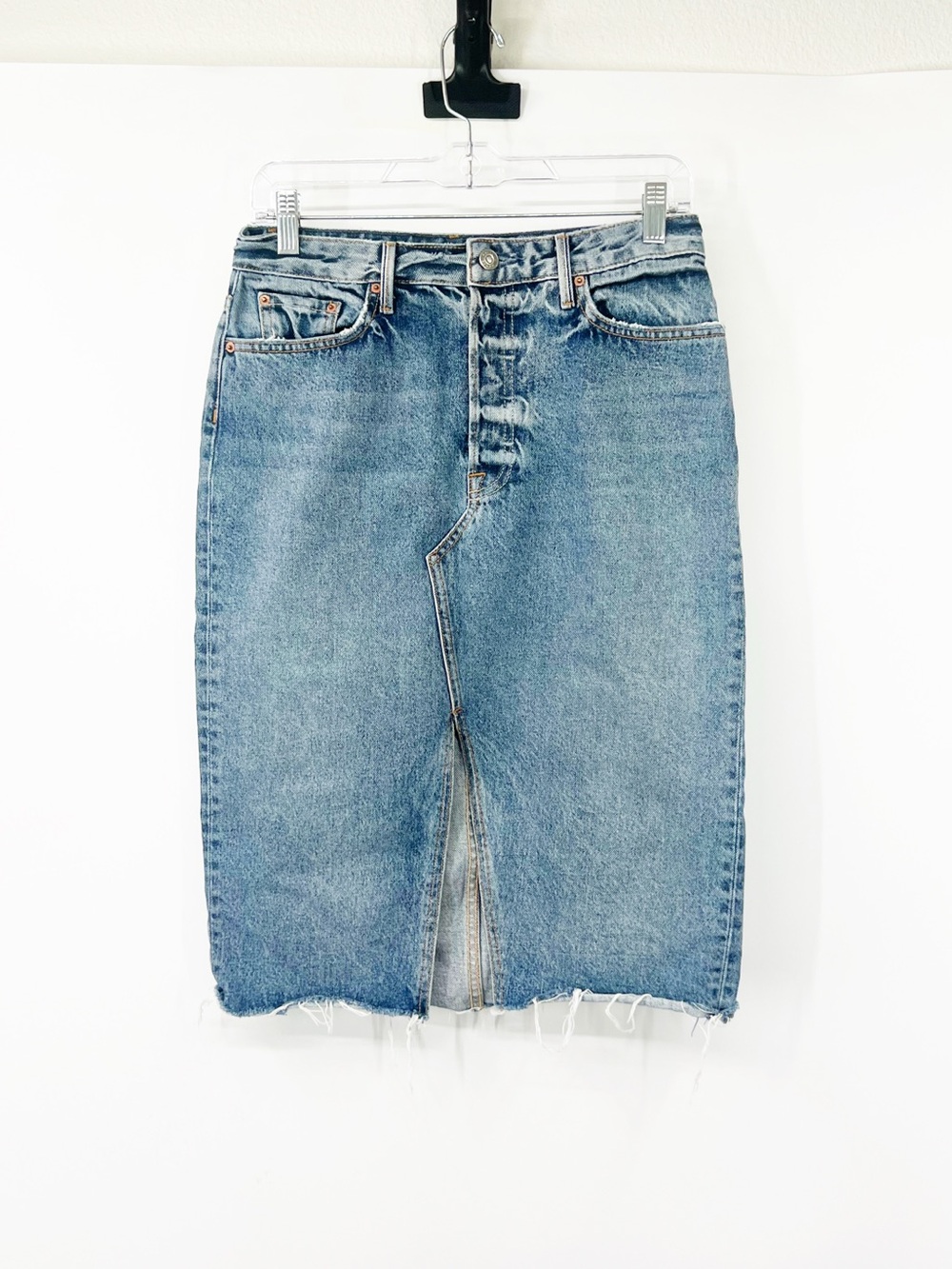 Grlfrnd Nella Midi Denim Skirt Button Fly